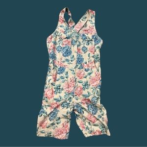 1980s Woolrich Womens Tan Pink Floral Short Overall Romper Cottagecore Boho Med